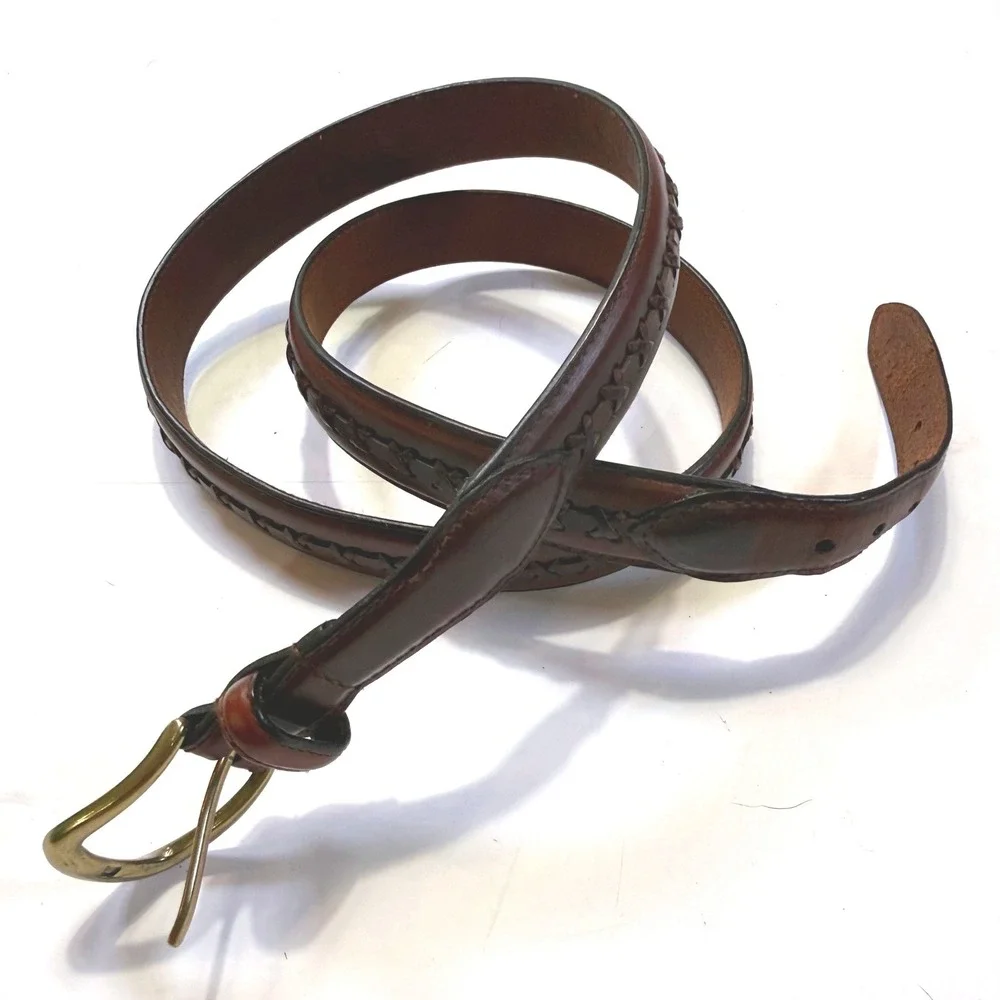 Brown Full Grain Oil Tan Cowhide Leather Belt Whipstitch Brass Buckle 44